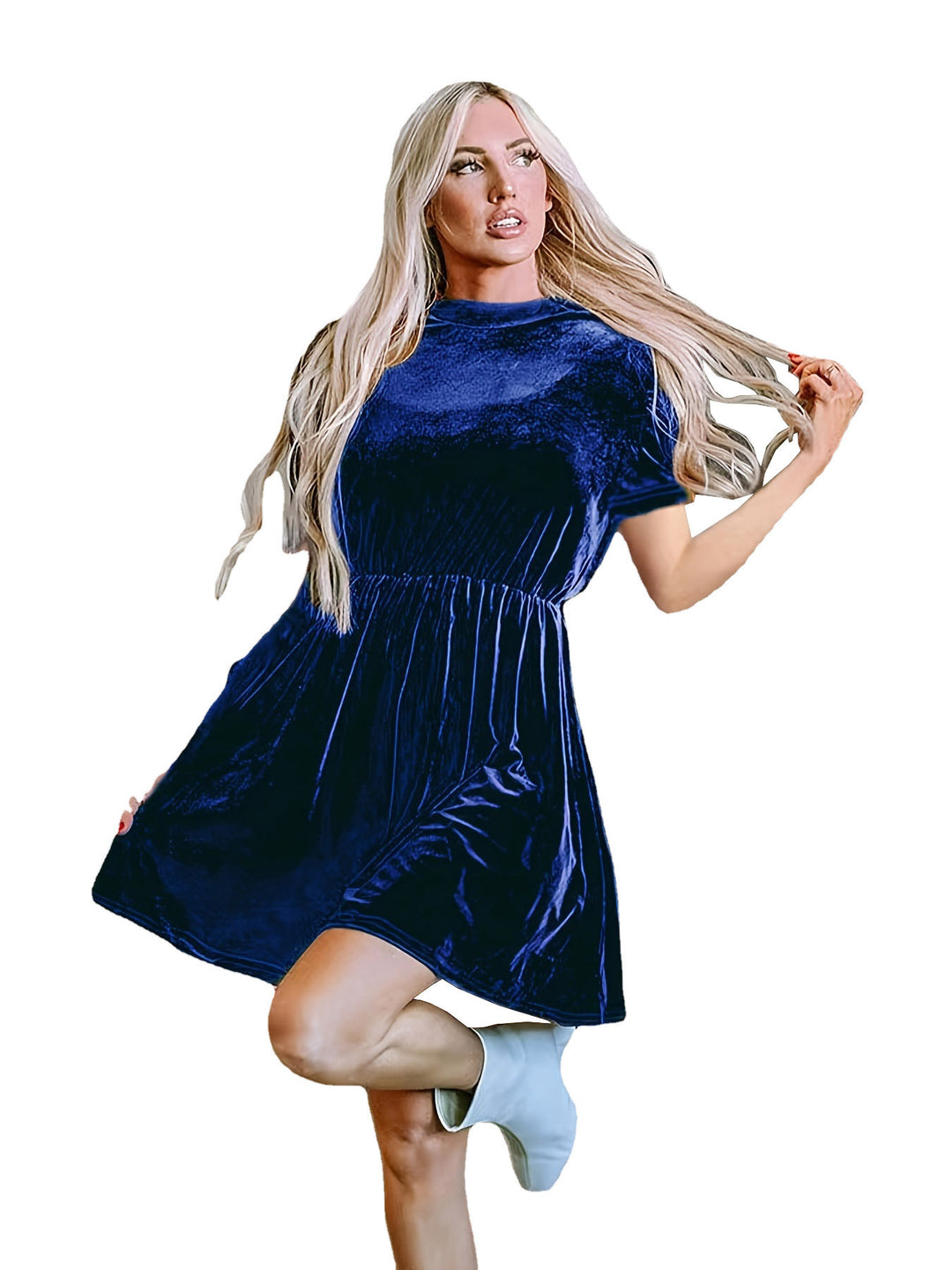 Damen Samtige Kurzarm-Kleid mit tailliertem Schnitt und A-Linien-Rock EB
