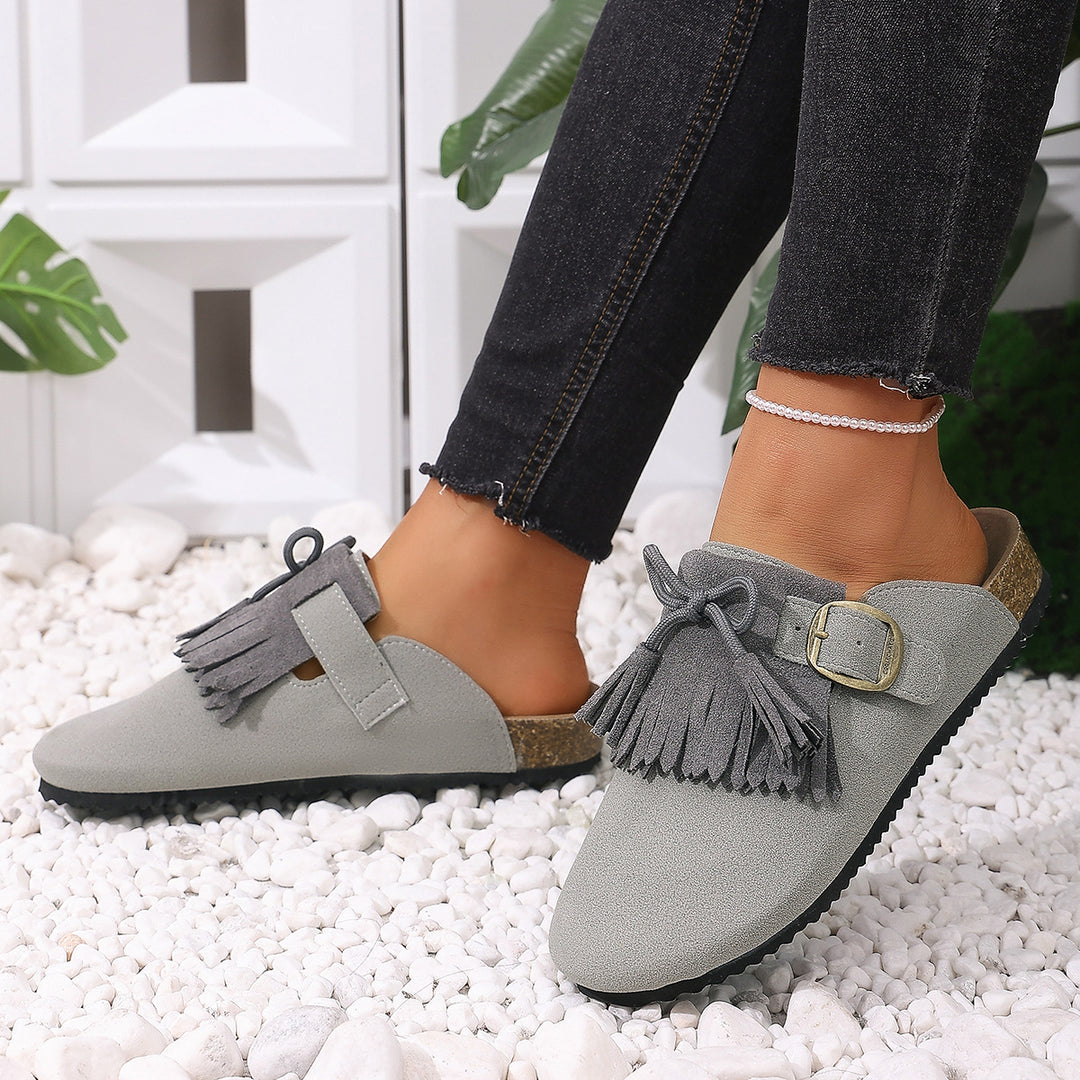 Damen Clogs mit dekorativen Fransen und verstellbarem Schnallenverschluss EB