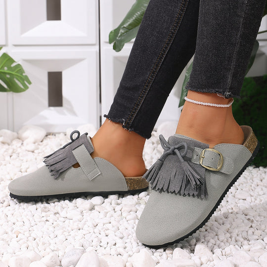 Damen Clogs mit dekorativen Fransen und verstellbarem Schnallenverschluss EB