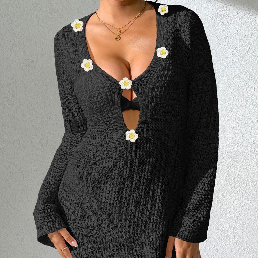 Damen lässiges Strandkleid mit dekorativem V-Ausschnitt und Blumenapplikationen EB