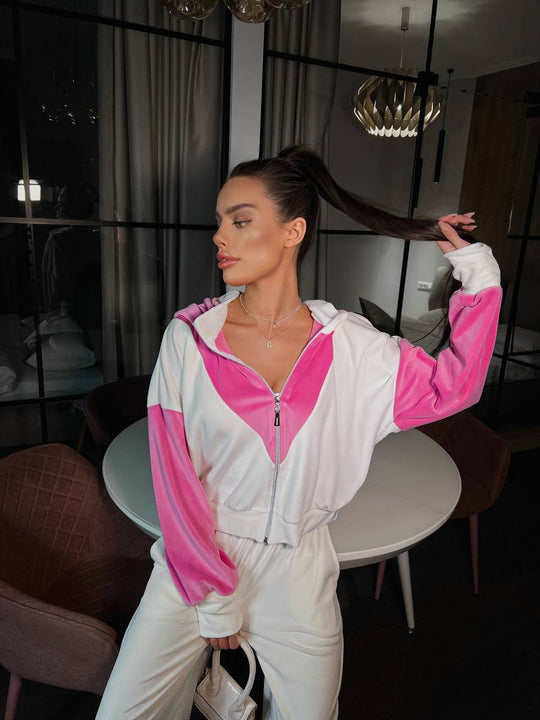 Damen kurze Velours-Zipperjacke mit V-förmigem Einsatz, überschnittenen Ärmeln und elastischem Saum EB