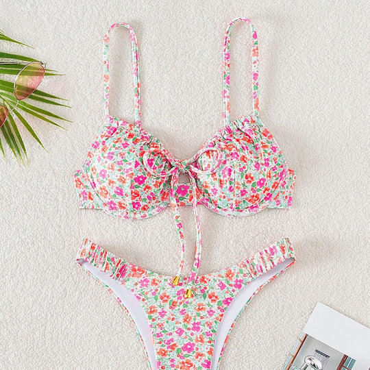 Damen Bikiniset mit modernem Blumenmuster und verstellbaren Trägern EB