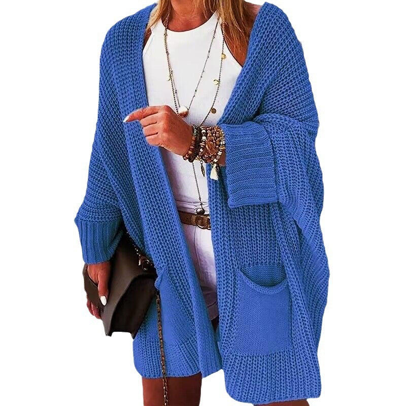 Damen Oversize Grobstrick-Cardigan mit weitem Schalkragen und aufgesetzten Taschen EB