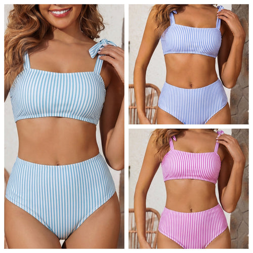 Damen Hochtailliertes Bikini-Set mit verspieltem Streifenmuster EB