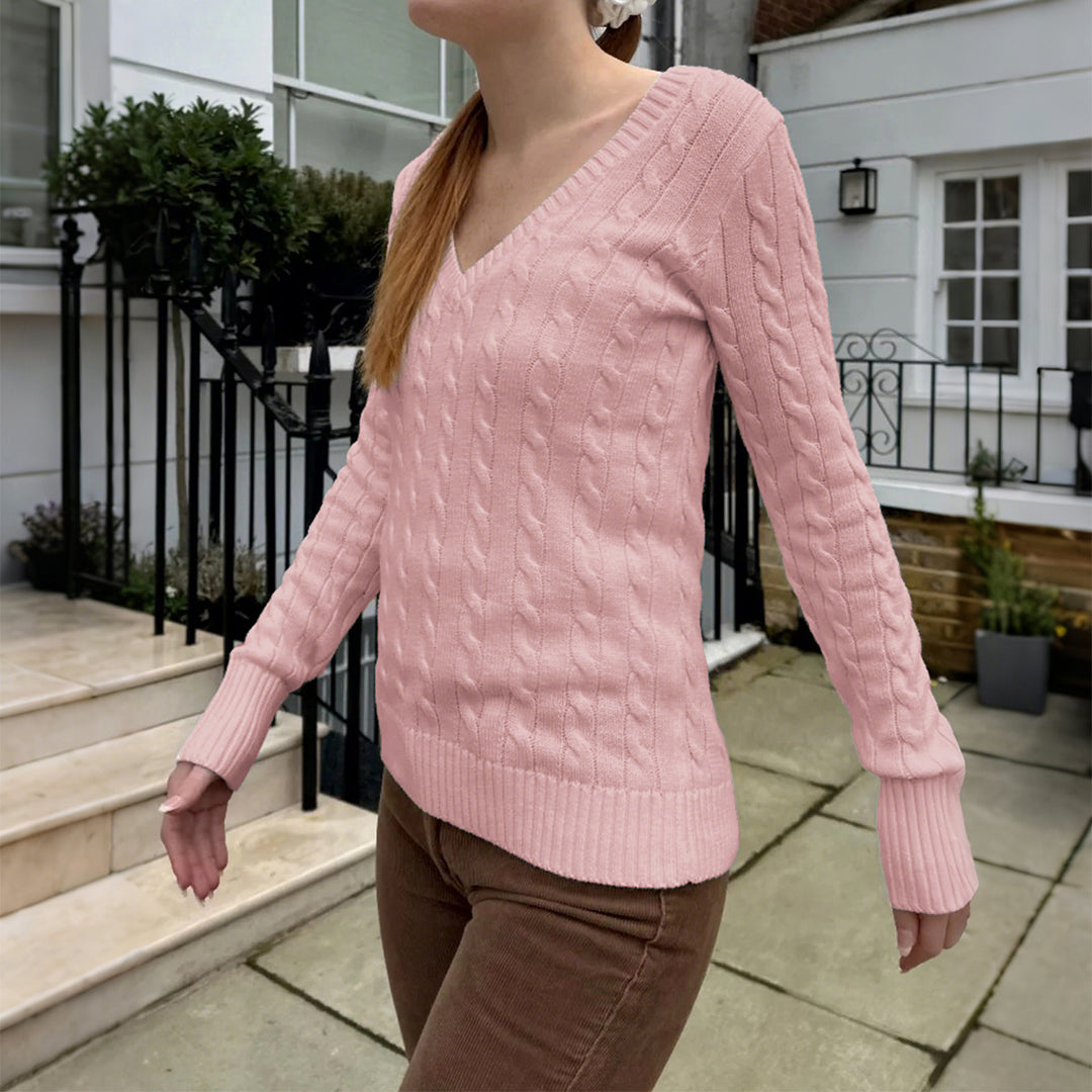 Damen nan Feinstrickpullover mit Zopfmuster, tiefem V‑Ausschnitt und schmaler Bundpassform EB