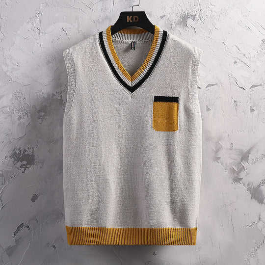 Herren ärmellose Strickjacke mit V-Ausschnitt und Farbblockdesign EB