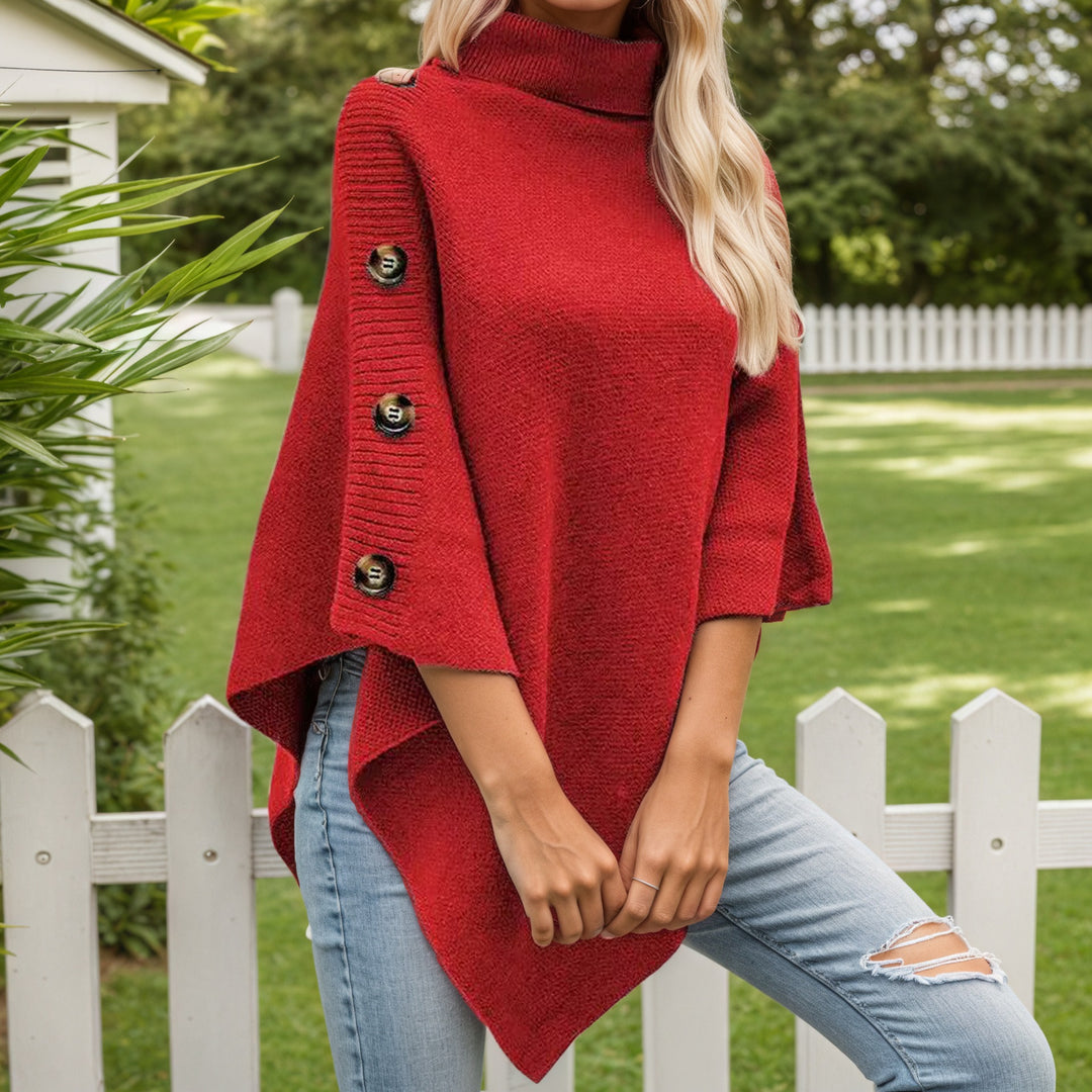 Damen nan asymmetrischer Strickponcho mit Rollkragen und dekorativer Knopfleiste EB