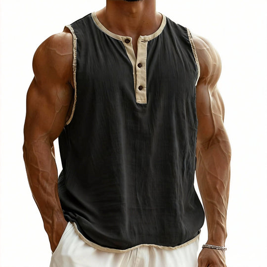 Herren nan ärmelloses Henley-Muskelshirt mit Knopfleiste und kontrastierter Einfassung EB