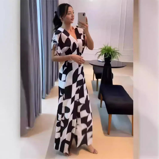 Damen Modischer Jumpsuit mit grafischem Muster und eleganten Ärmeln EB