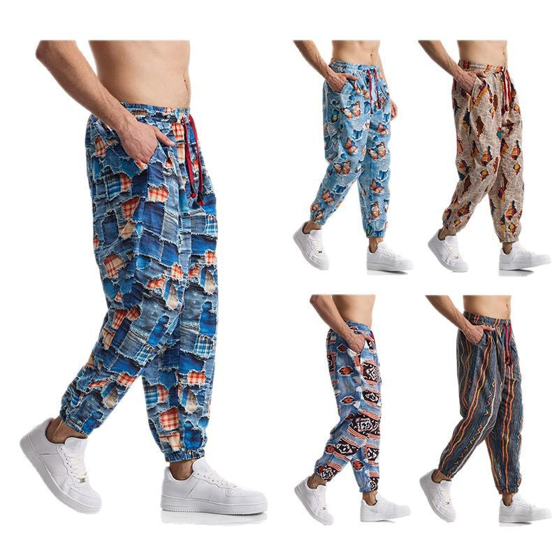 Herren lässige Harem-Hose mit buntem Muster und elastischem Bund EB
