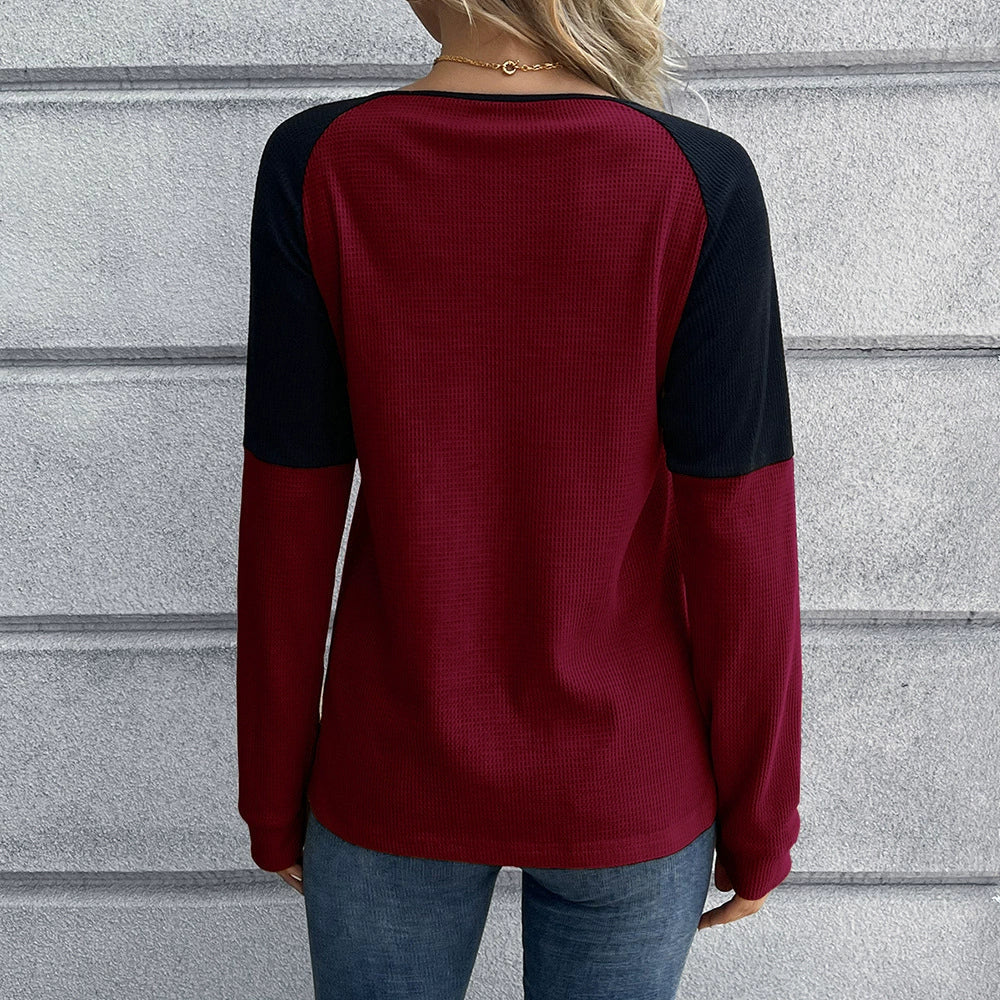 EB | Langarm T-Shirt Waffelstrick Knopfverschluss Raglanärmel Lockere Passform
