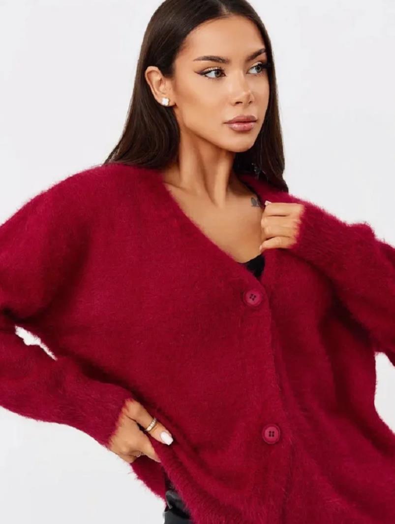 Damen kuschelige Strickjacke mit weichem Mohair-Mix und eleganter Knopfleiste EB