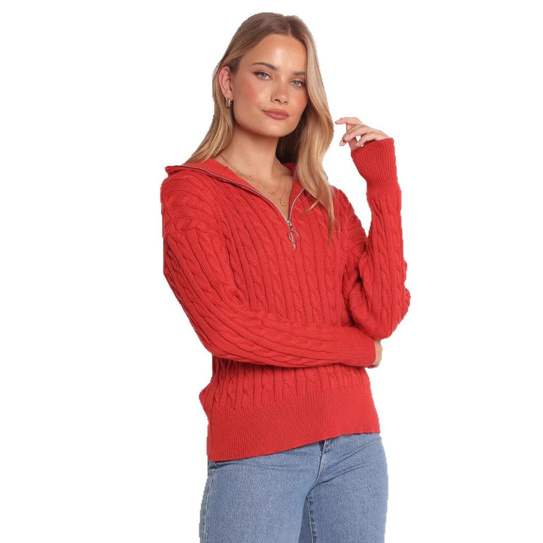 Damen Strickpullover mit elegantem Kabelmuster und modischem Stehkragen EB