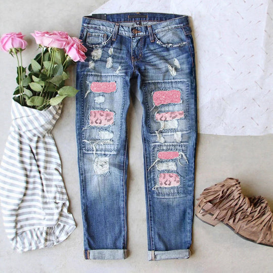 Damen Ripped Jeans mit modischen Patches und lässigem Schnitt EB