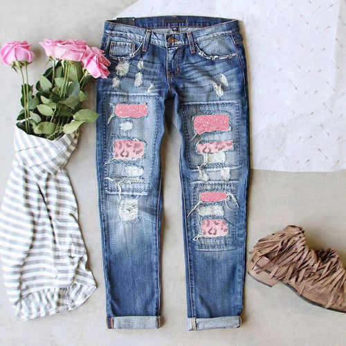 Damen Ripped Jeans mit modischen Patches und lässigem Schnitt EB