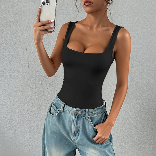 Damen eleganter Hochschnitt Badeanzug mit Quadrat-Ausschnitt EB