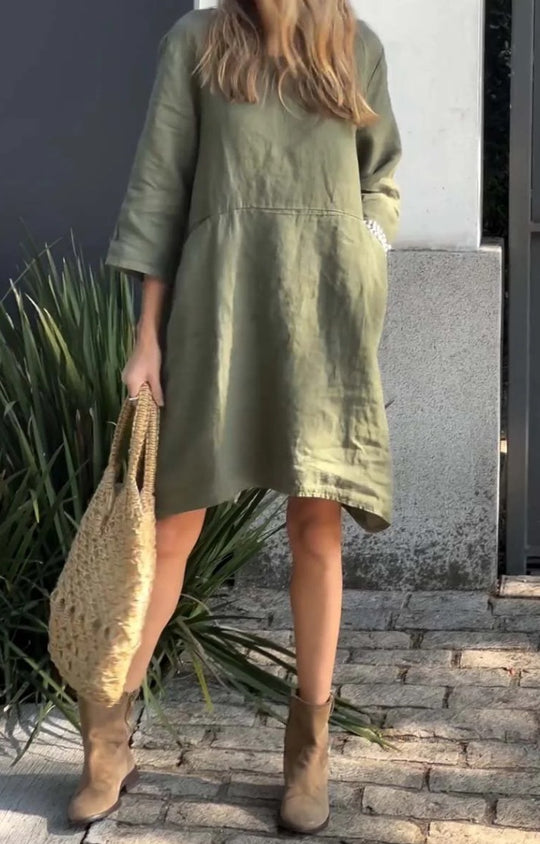Damen lässiges Leinenkleid mit praktischen Taschen und asymmetrischem Saum EB