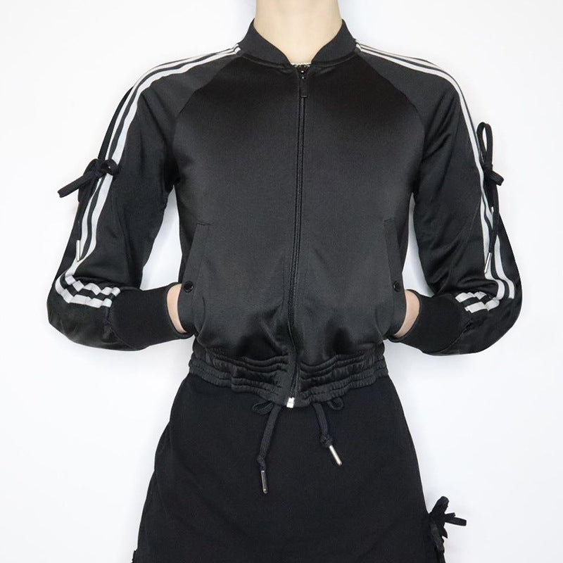 Damen nan sportive Zip-Jacke im Bomberstil mit seitlichen Streifen, Ärmel-Bindebändern und Kordelbund EB