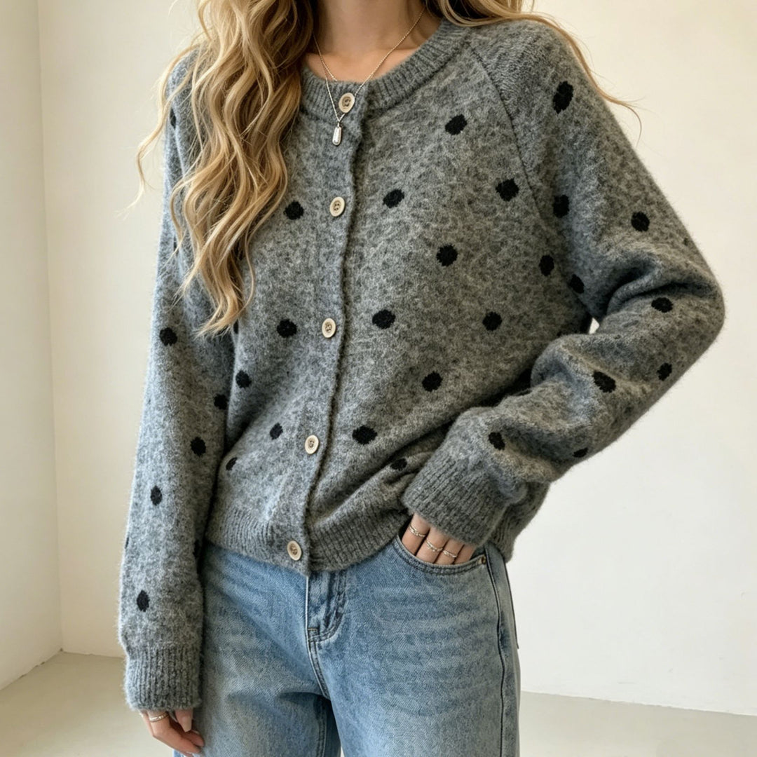 Damen Gepunkteter Mohair‑Optik Button‑Cardigan mit Rundhalsausschnitt EB