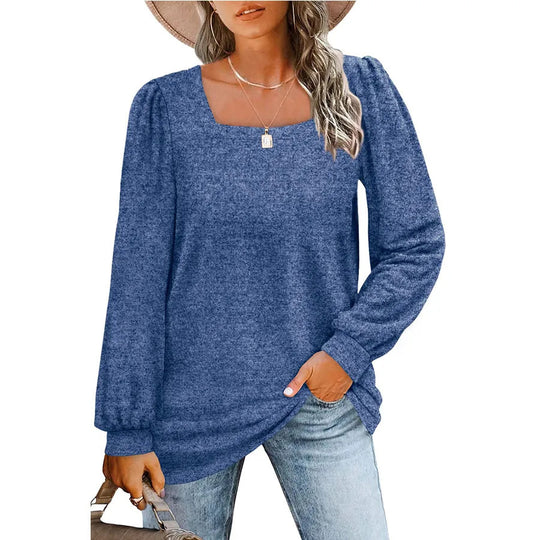 Damen Legerer Feinstrick-Pullover mit quadratischem Ausschnitt, Puffschulter und Bündchen EB