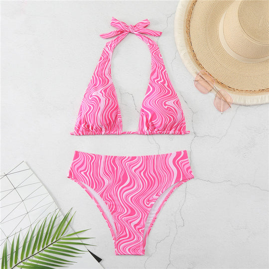 Damen Triangel-Bikini mit elegantem Wickeldetail und modischem Wellenmuster EB