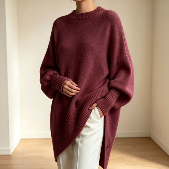 Damen Oversize Longline Feinstrick-Pullover mit Raglanärmeln und geripptem Saum EB