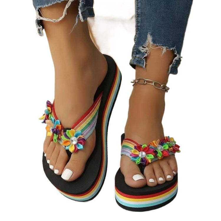 Damen Bequeme Zehentrenner mit buntem Blumenmotiv EB