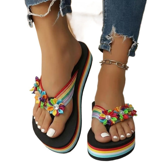 Damen Bequeme Zehentrenner mit buntem Blumenmotiv EB