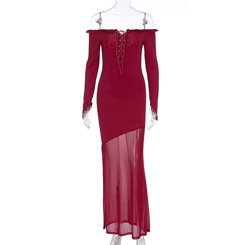 Damen figurbetontes Maxikleid mit Off-Shoulder Design und transparentem Rock EB