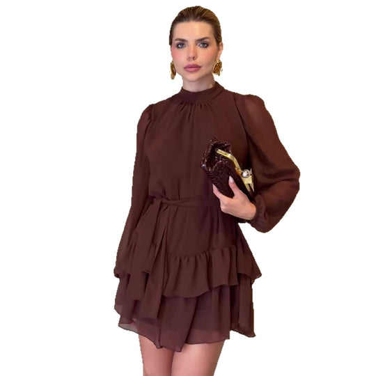 Damen Fließendes Mini-Kleid mit Rüschenvolants und elastischem Taillengürtel EB