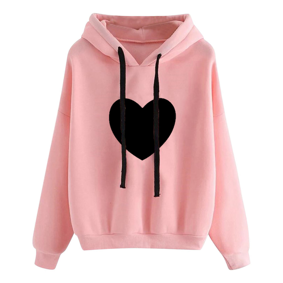 Damen nan leichter Oversize Kapuzenpullover mit Herz‑EKG‑Motiv, langen Kordeln und elastischem Bund EB