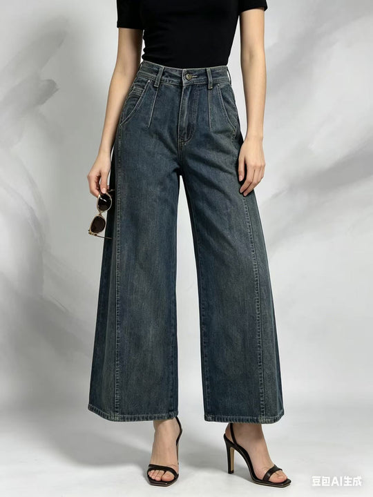 Damen nan hohe Taille Plissée Wide-Leg-Denimhose mit verkürztem Bein und dekorativen Vorderfalten EB