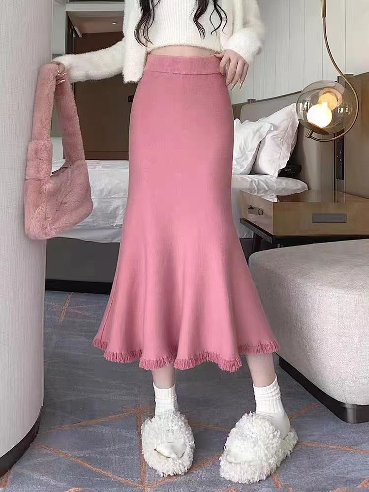 Damen Eleganter Maxirock mit voluminösem Saum und fransigen Details EB