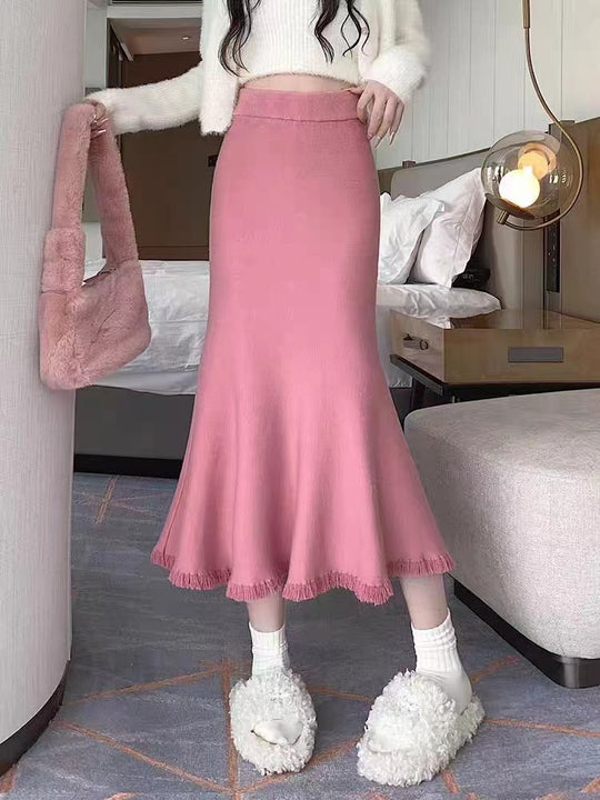 Damen Eleganter Maxirock mit voluminösem Saum und fransigen Details EB