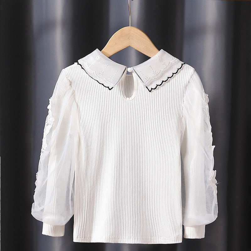 Mädchen modische Bluse mit eleganten Tüllärmeln und kunstvoller Spitzenverzierung EB