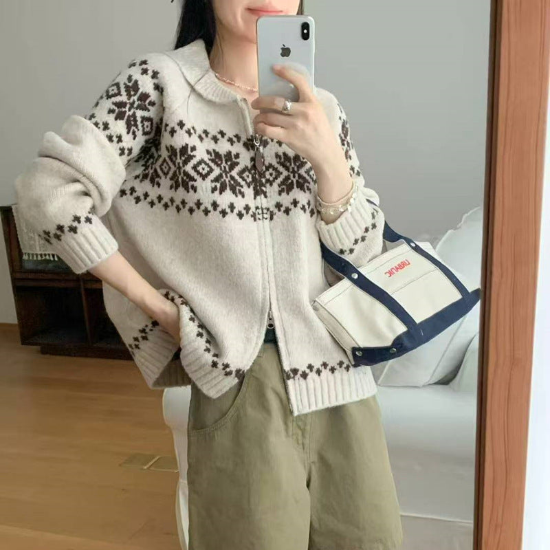 Damen Strickjacke mit modernem Norweger-Muster und hohem Kragen EB
