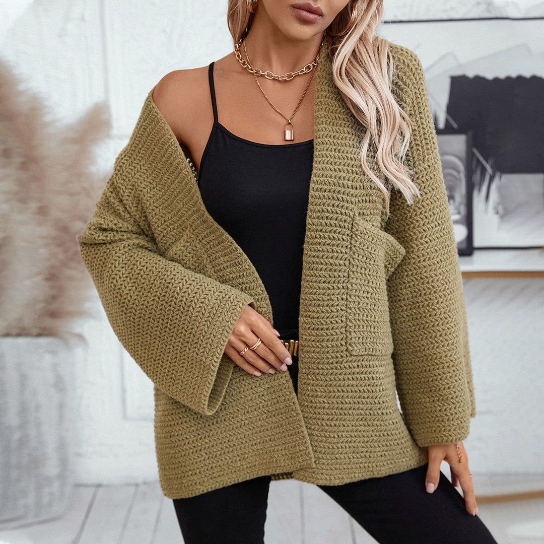 Damen luftige Strickjacke mit großen Taschen und offenen Ärmeln EB