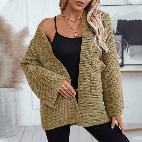 Damen luftige Strickjacke mit großen Taschen und offenen Ärmeln EB