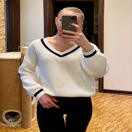 Damen Strickpullover mit V-Ausschnitt und Ballonärmel EB