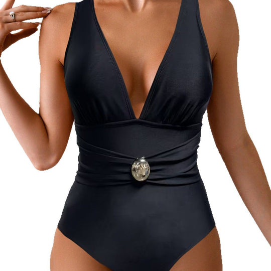 Damen Eleganter V-Ausschnitt Badeanzug mit Raffungen EB