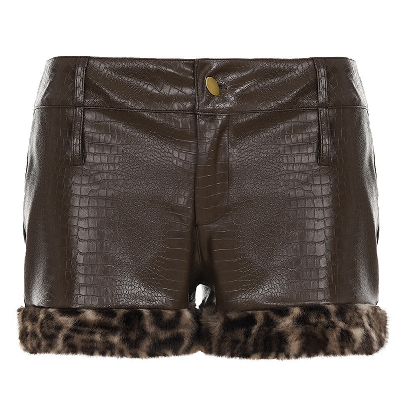 Damen Leder-Shorts mit Leopardenbesatz EB