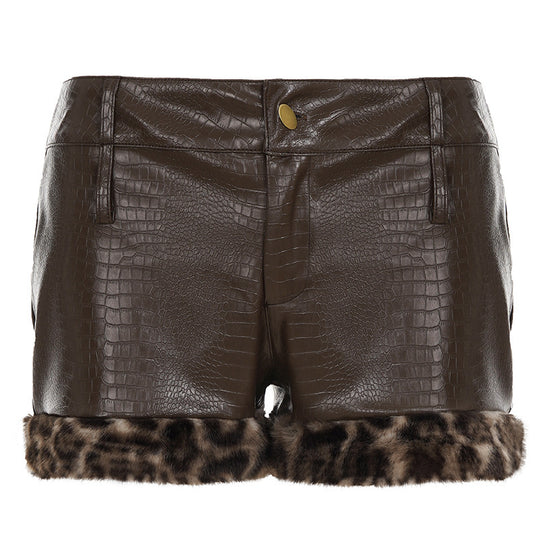 Damen Leder-Shorts mit Leopardenbesatz EB