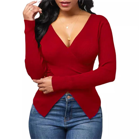 Damen Wickeloberteil mit tiefem V-Ausschnitt und feinem Rippdesign EB