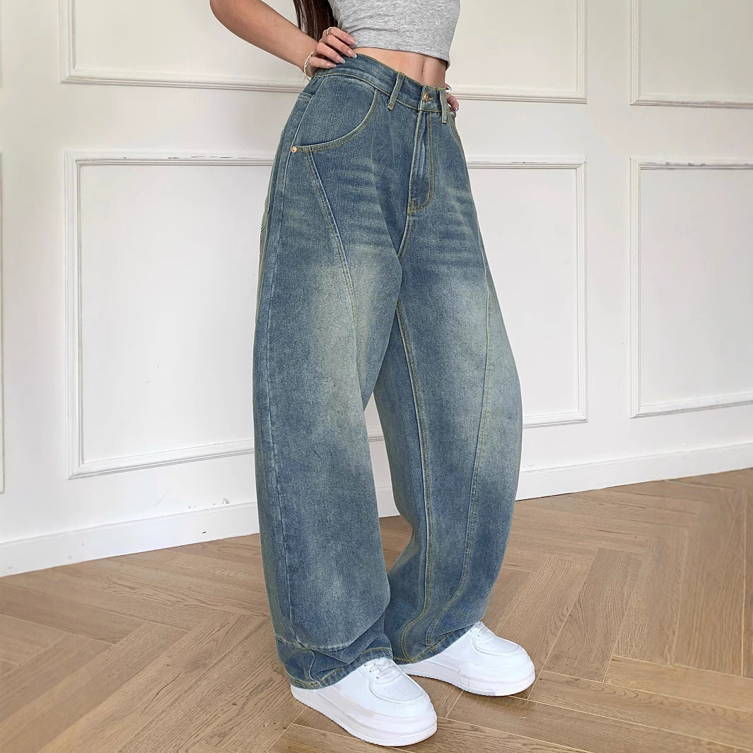 Damen Weite High-Waist Jeans mit markanten Steppnähten und weitem Schnitt EB