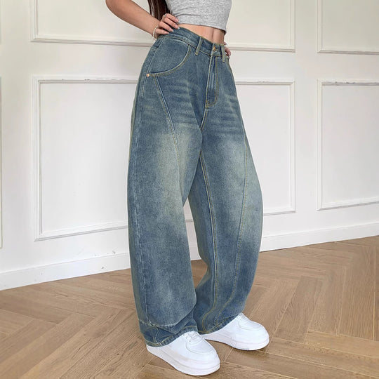 Damen Weite High-Waist Jeans mit markanten Steppnähten und weitem Schnitt EB