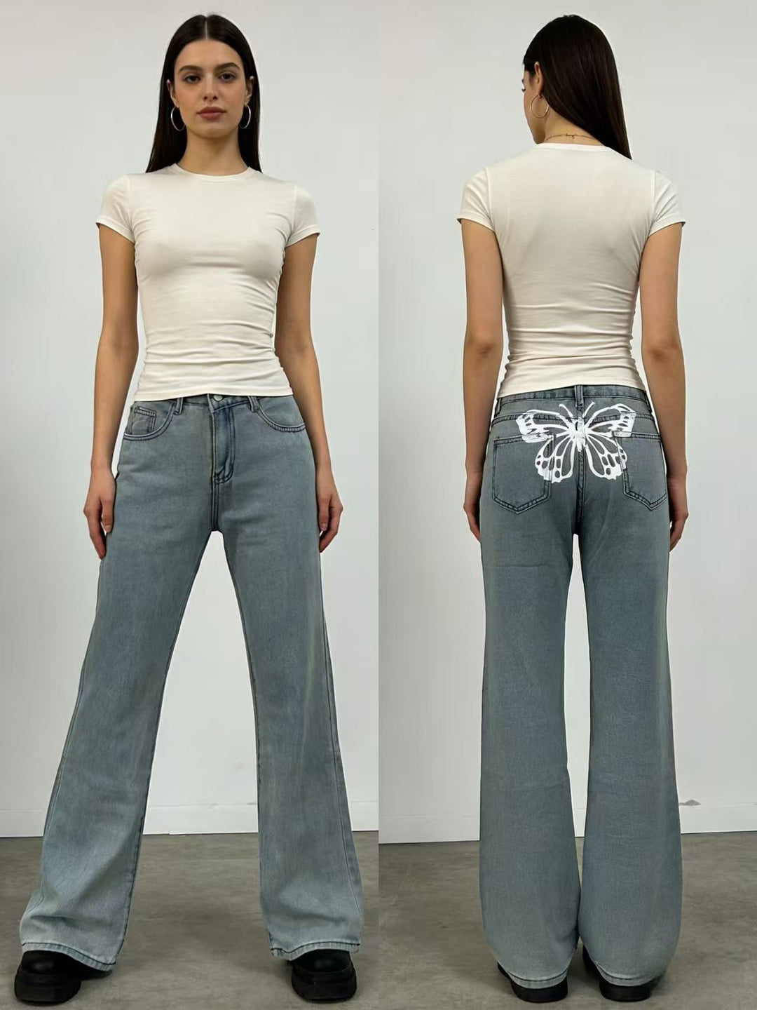 Damen nan hochgeschnittene weich fallende Schlagjeans aus Stretch-Denim mit figurformender Passform EB