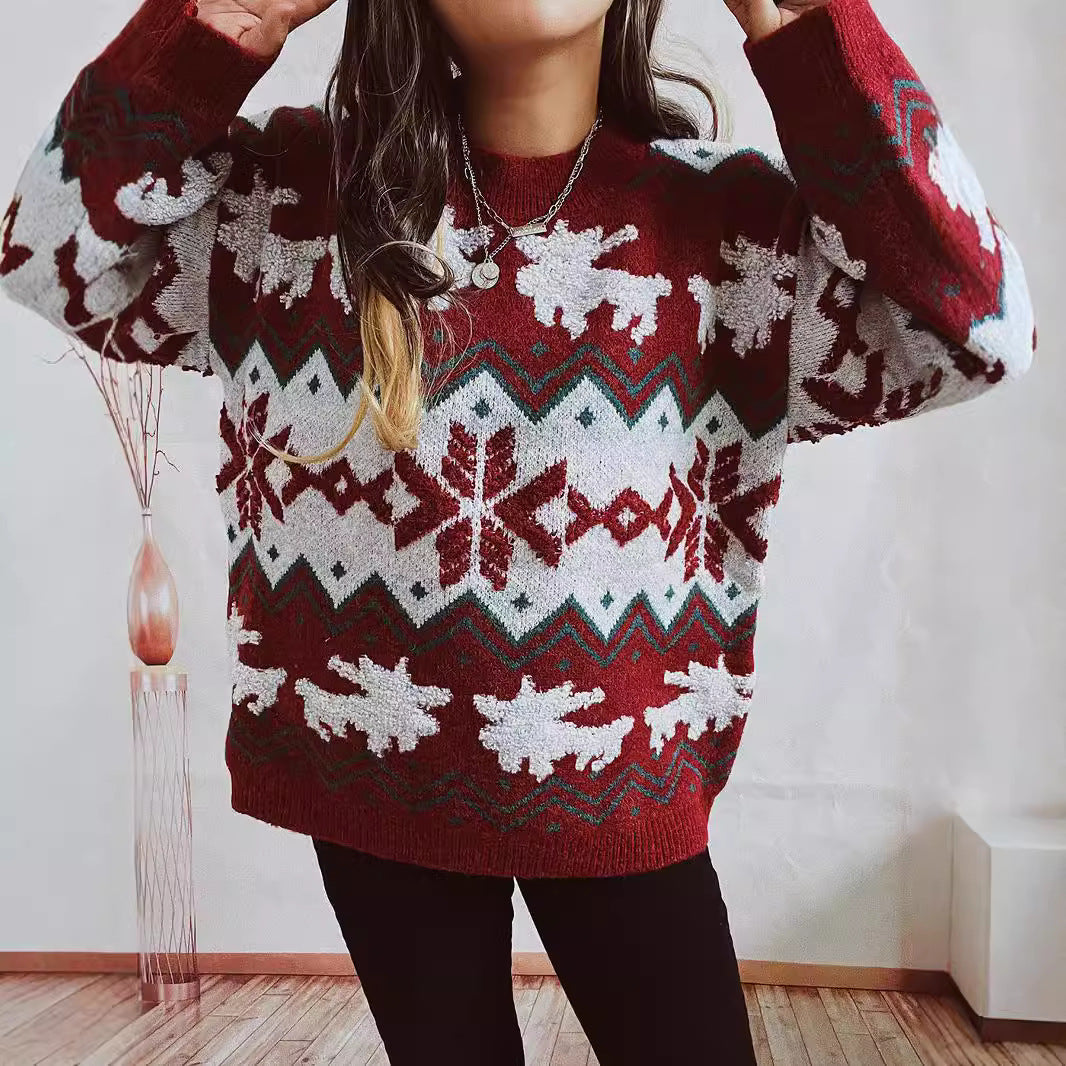 Damen festlicher Strickpullover mit weihnachtlichem Design und hohem Kragen EB