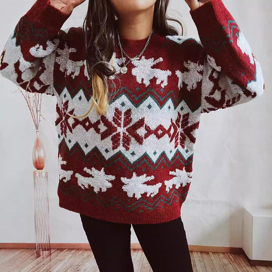 Damen festlicher Strickpullover mit weihnachtlichem Design und hohem Kragen EB