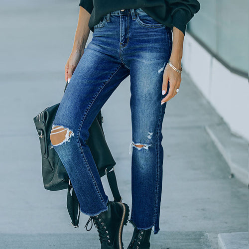 Damen Ripped High-Waist Jeans im trendigen Vintage-Stil EB