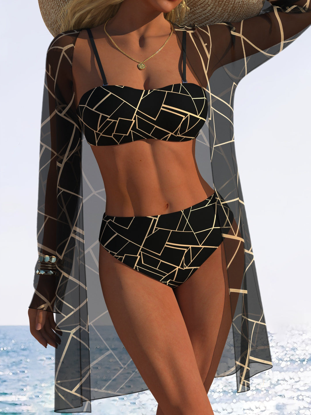 Damen Bikini-Set mit floralem Design und transparenter Strandjacke EB